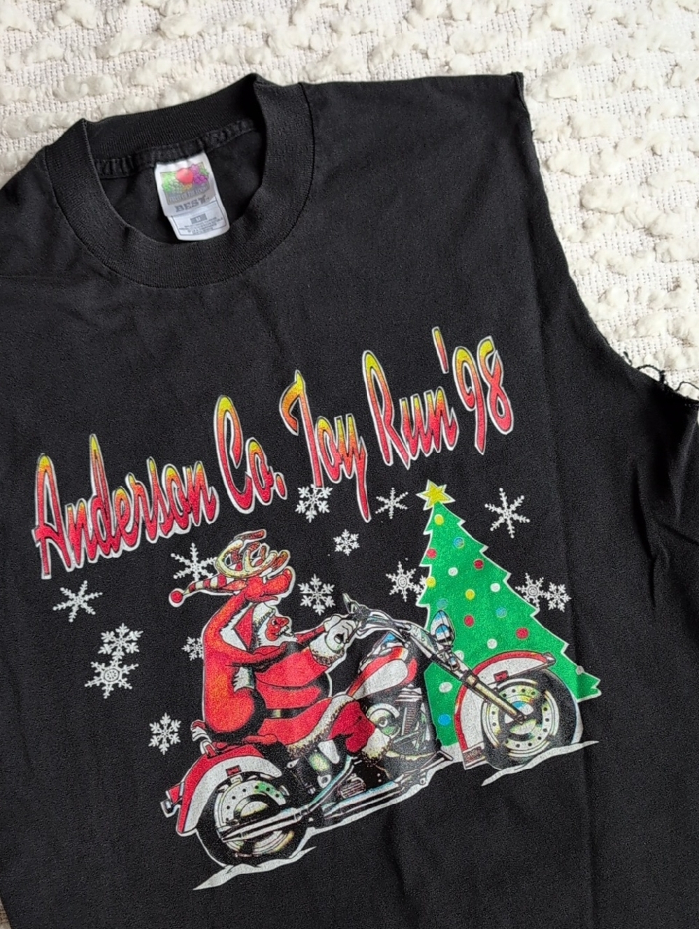 Vintage Anderson Co. TN Toy Run 1998 90s Black Christmas Motorcycle Tee Cutoff